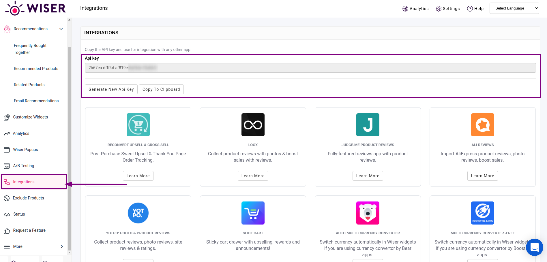 Step 2.From the section Integrations from the menu of Wiser Personalized Recommendations, you can see the API key!