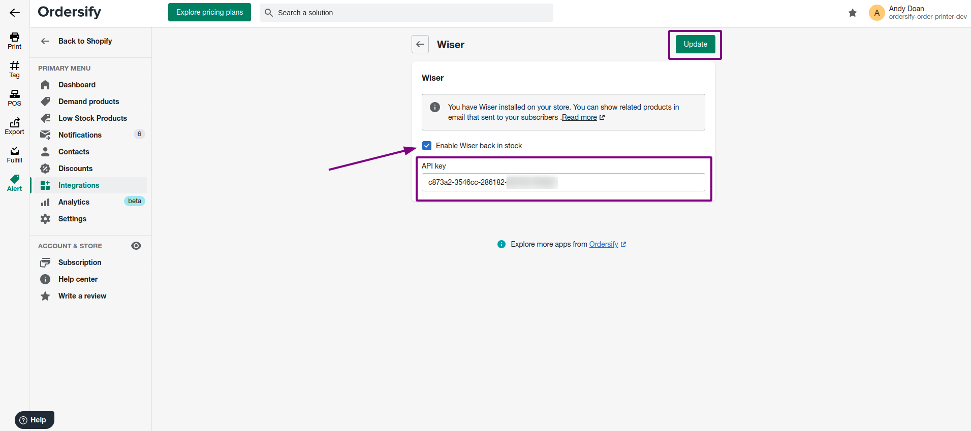 Step 4.Paste your API key to the field API Key of Ordersify!